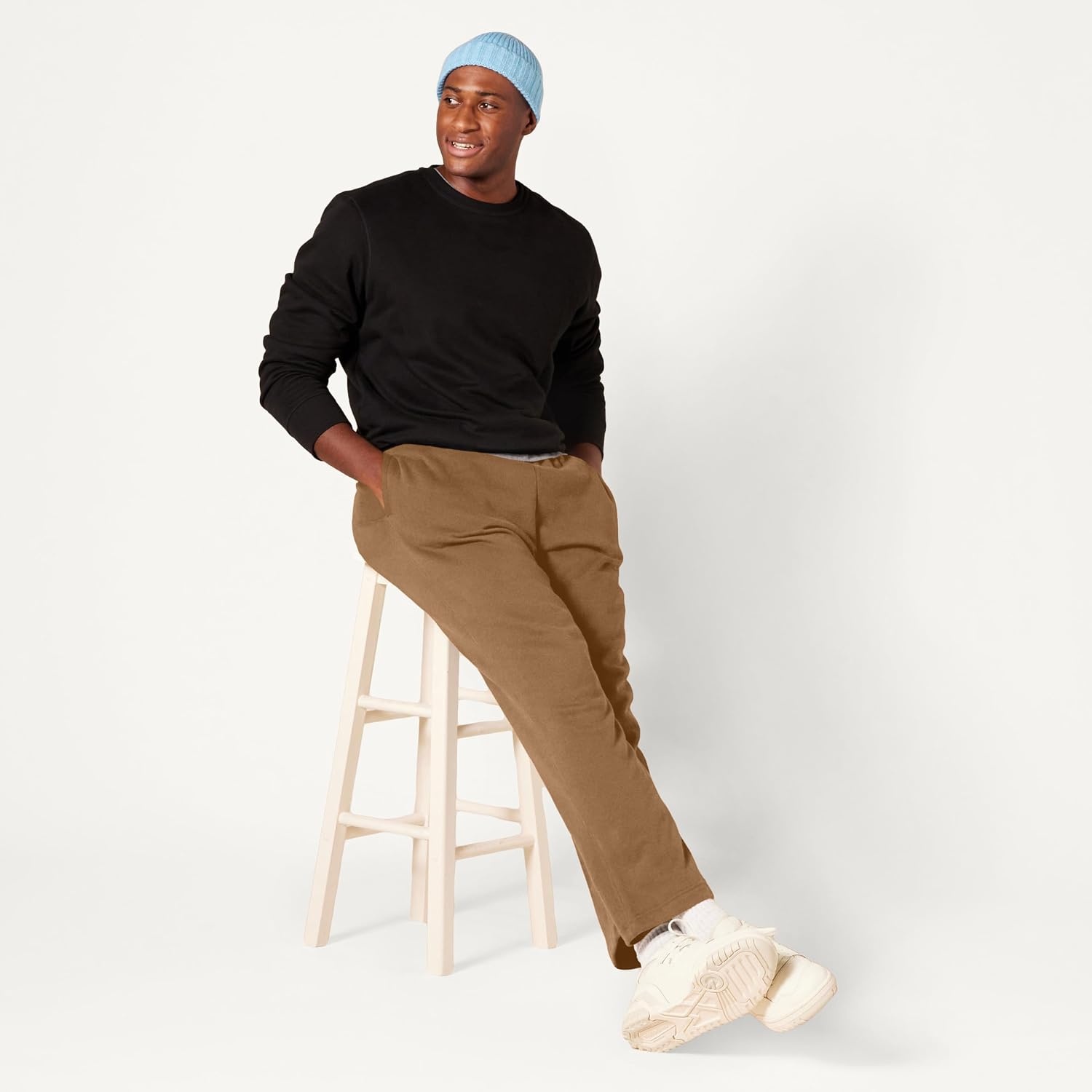 image:imageAmazon Essentials Mens Relaxed Straight Leg Fleece Open Bottom Sweatpant Available in Big amp TallDark Tan
