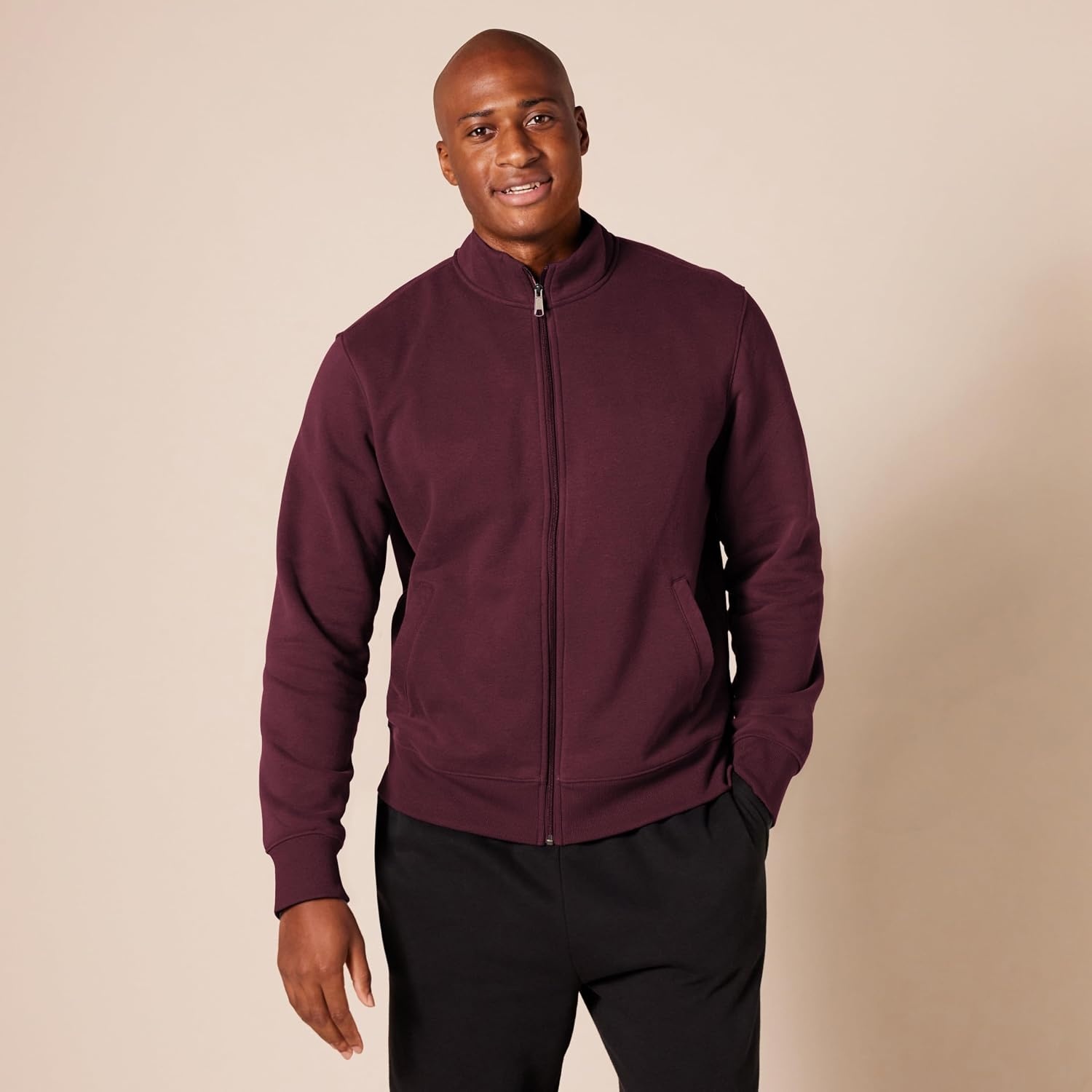 image:imageAmazon Essentials Mens Standard FullZip Fleece Mock Neck Midweight Sweatshirt with PocketsBurgundy