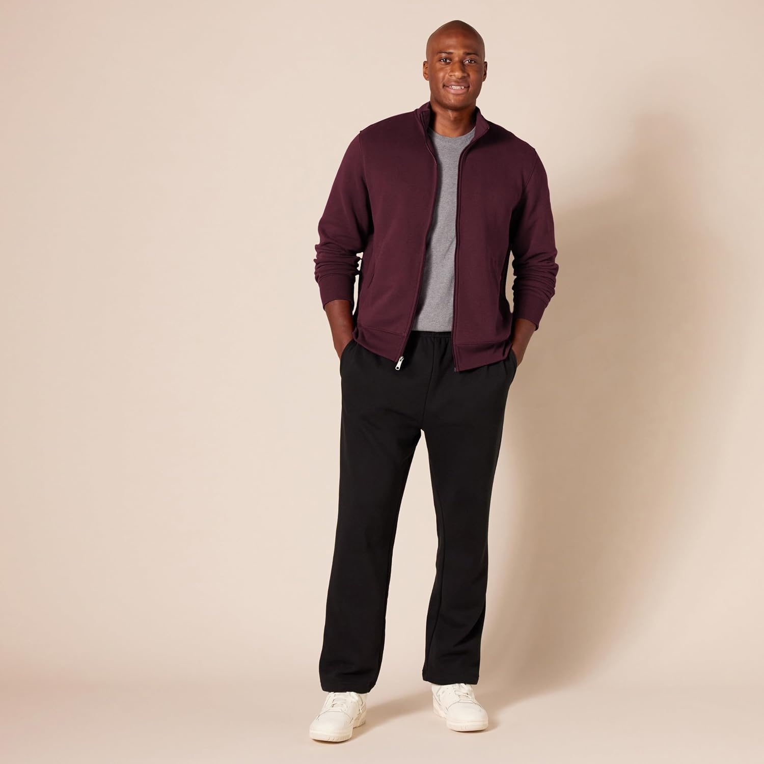 image:imageAmazon Essentials Mens Standard FullZip Fleece Mock Neck Midweight Sweatshirt with PocketsBurgundy