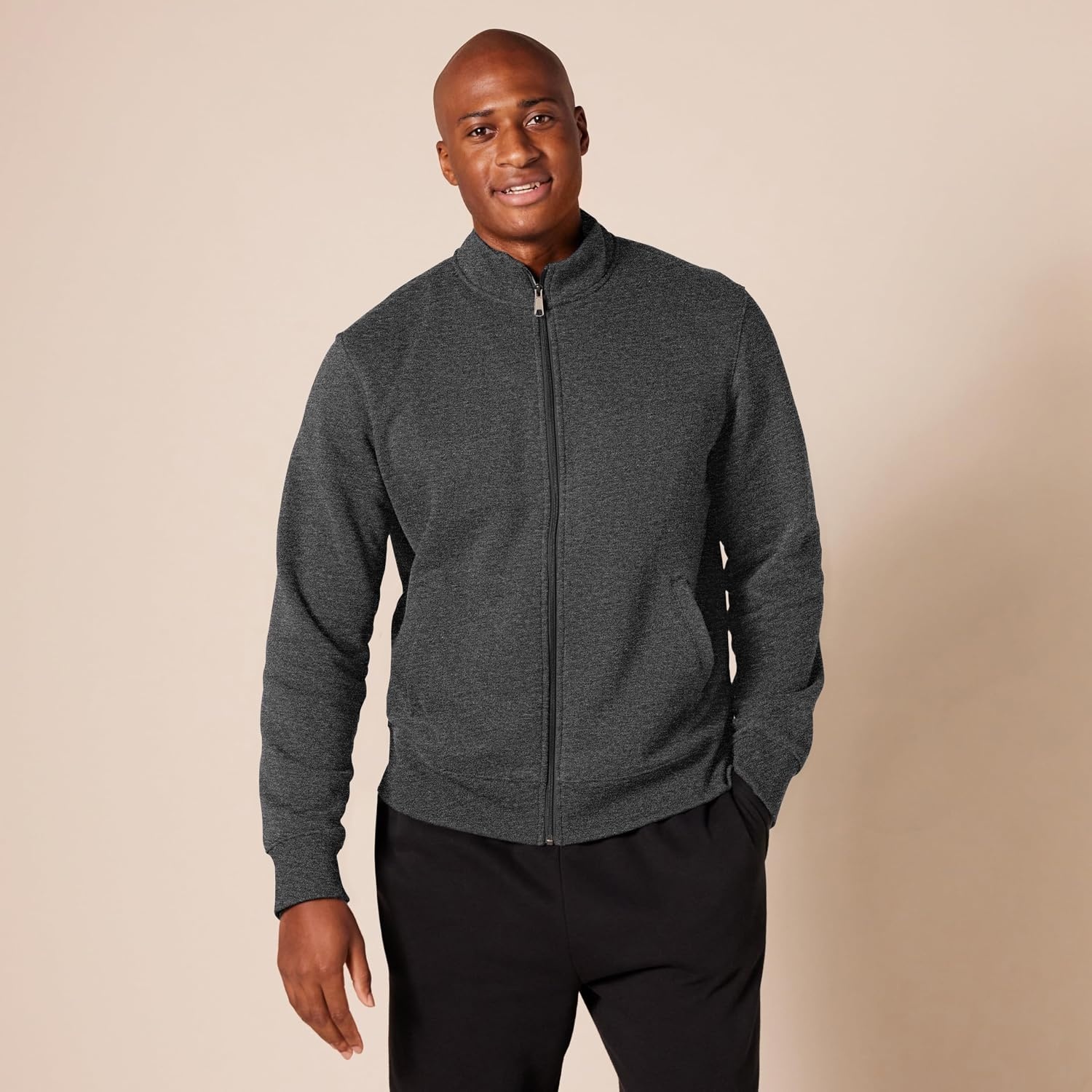 image:imageAmazon Essentials Mens Standard FullZip Fleece Mock Neck Midweight Sweatshirt with PocketsCharcoal Heather