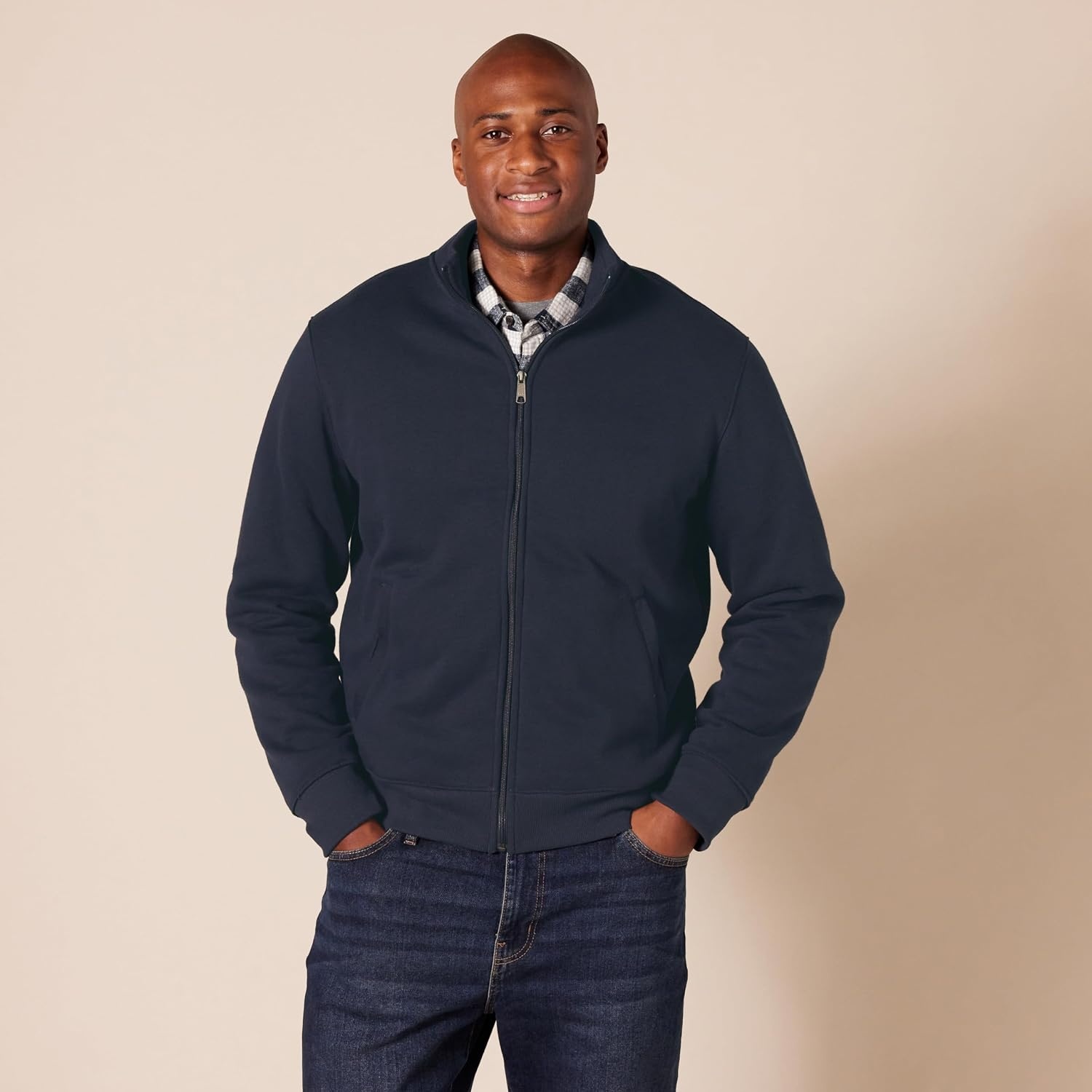 image:imageAmazon Essentials Mens Standard FullZip Fleece Mock Neck Midweight Sweatshirt with PocketsNavy