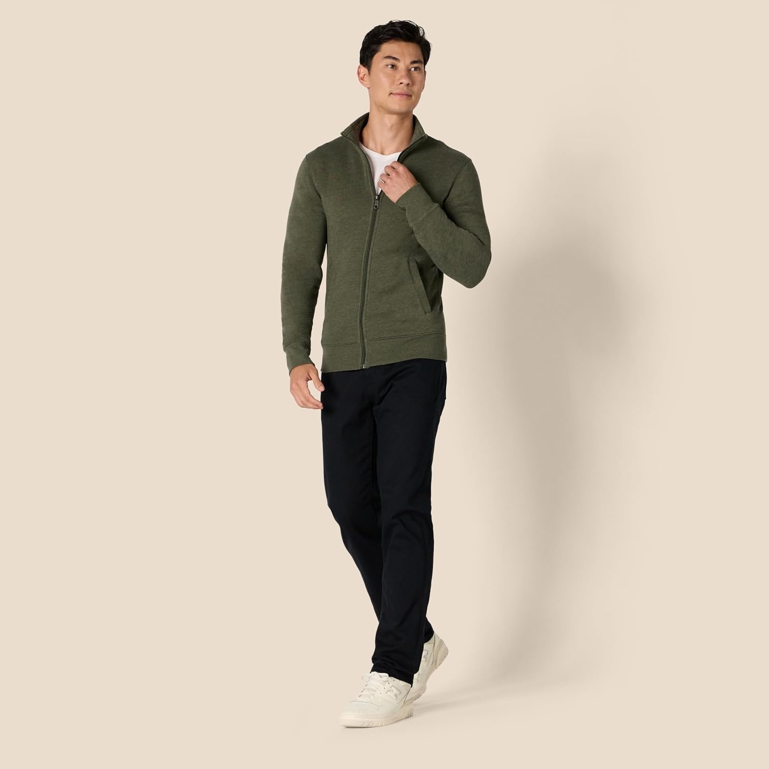 image:imageAmazon Essentials Mens Standard FullZip Fleece Mock Neck Midweight Sweatshirt with PocketsOlive Heather