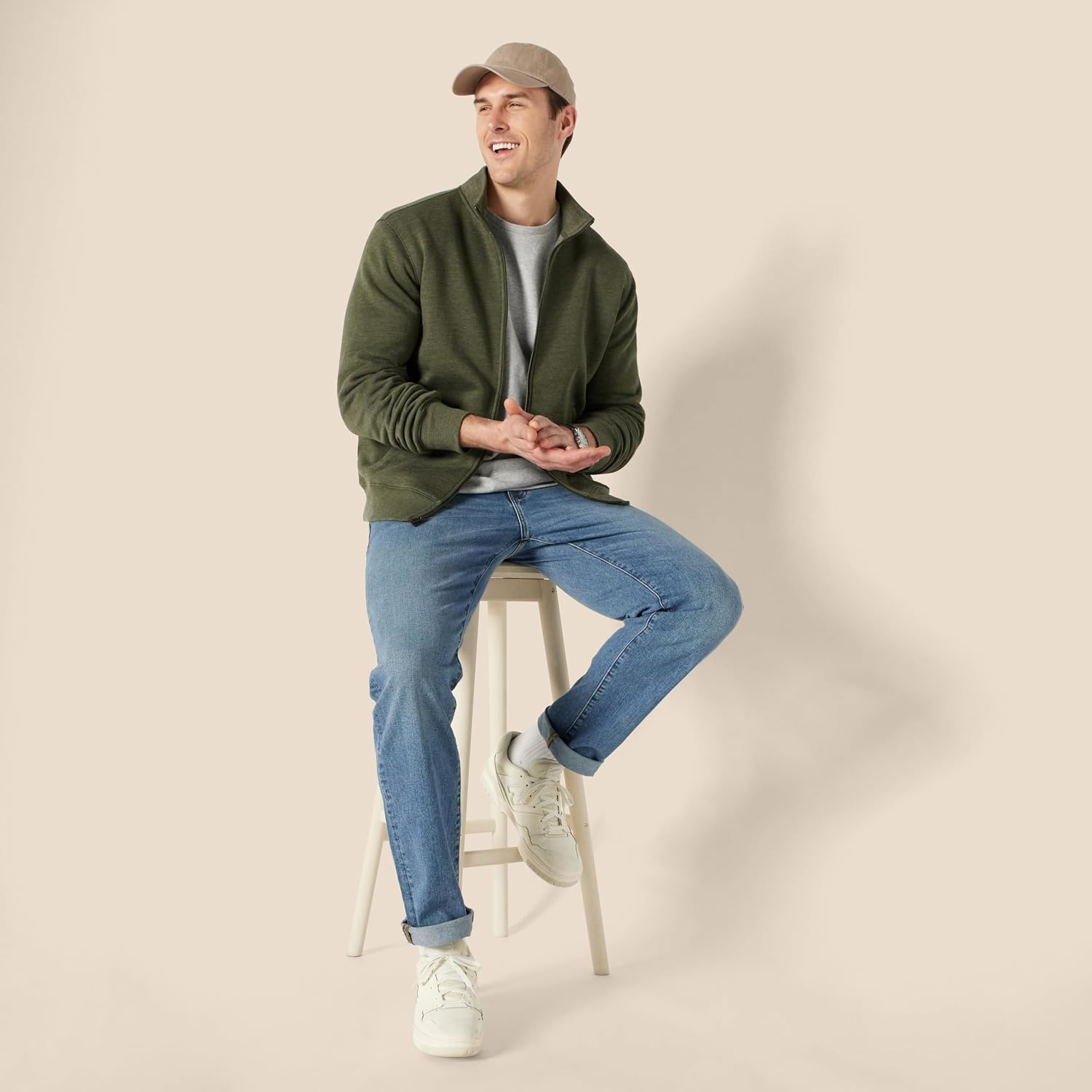 image:imageAmazon Essentials Mens Standard FullZip Fleece Mock Neck Midweight Sweatshirt with PocketsOlive Heather
