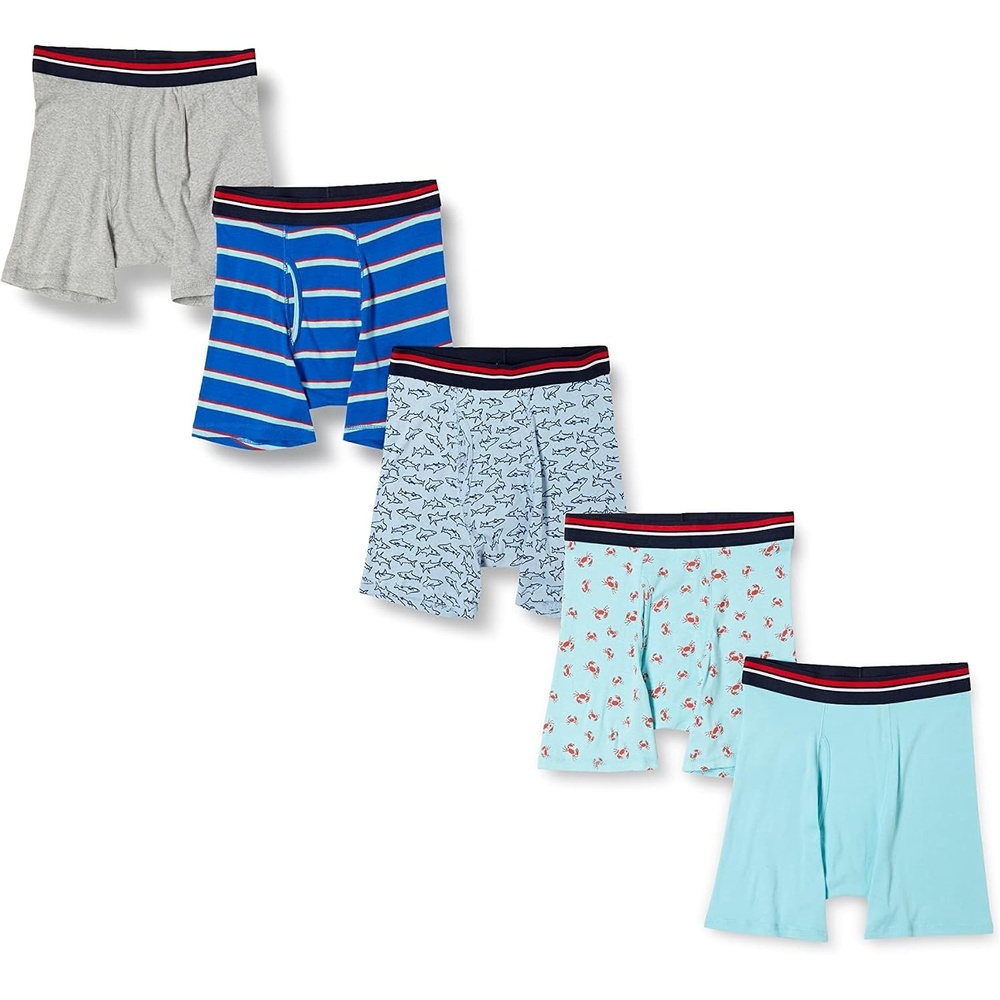 image:imageAmazon Essentials Mens Breathable Cotton Boxer Briefs TagFree Pack of 5Blue StripeCrabsGrey HeatherLight BlueSharks