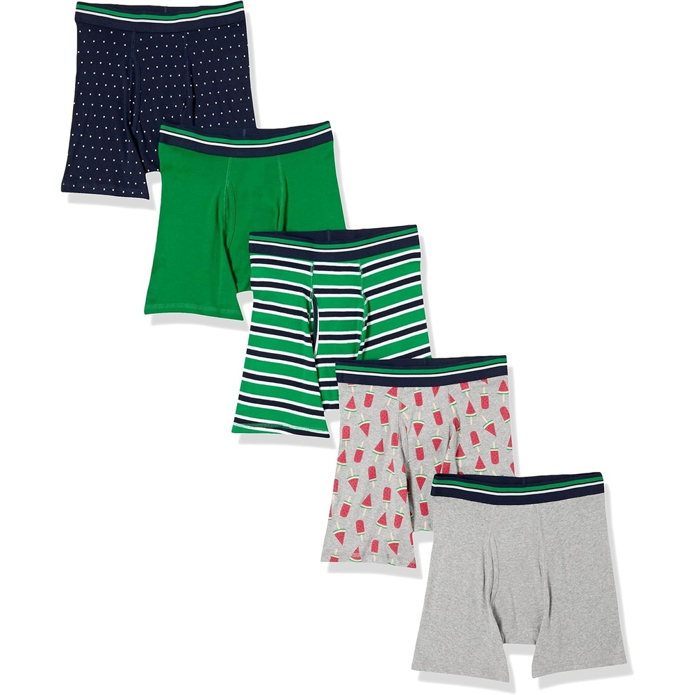 image:imageAmazon Essentials Mens Breathable Cotton Boxer Briefs TagFree Pack of 5DotsGreenGrey HeatherPopsicleStripe