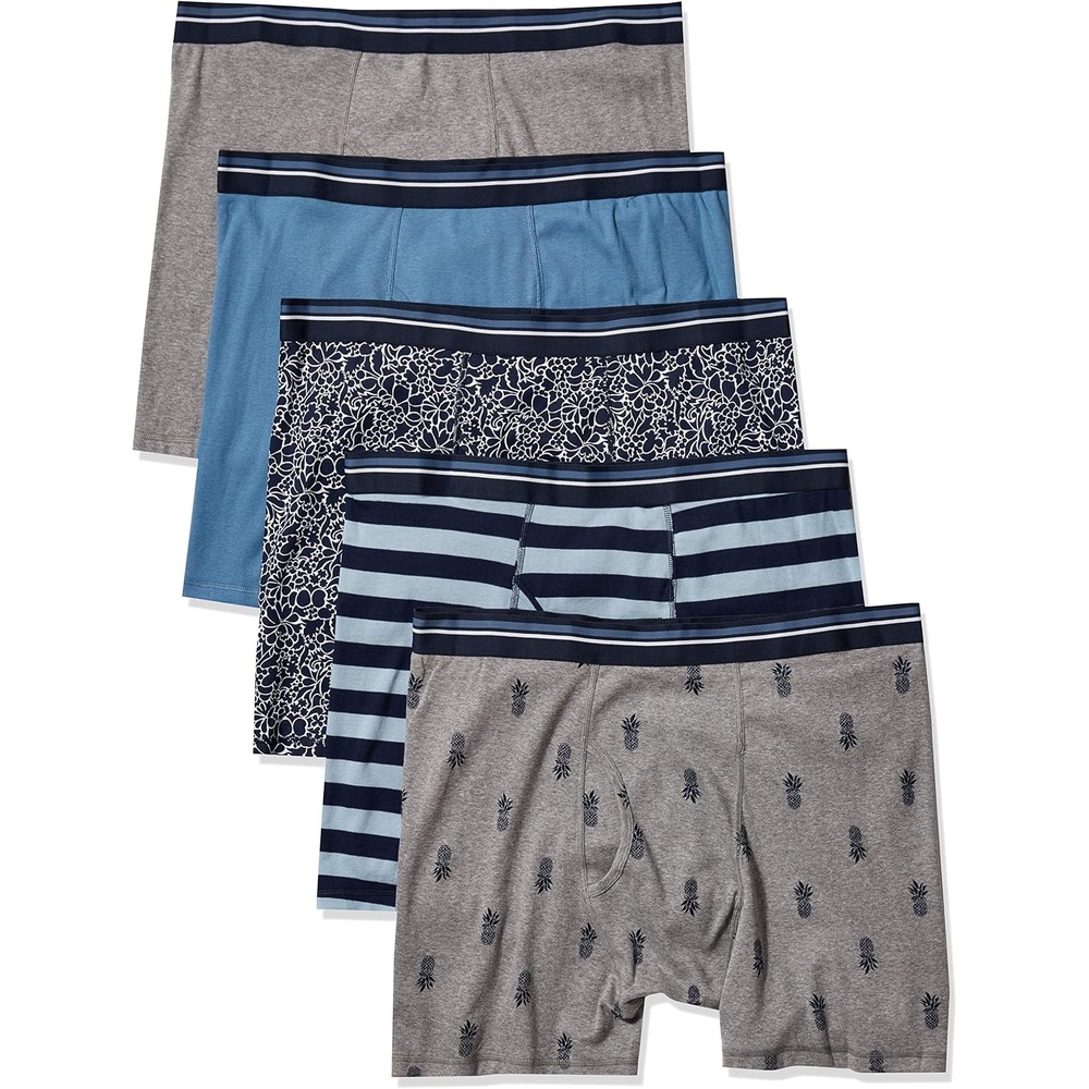 image:imageAmazon Essentials Mens Breathable Cotton Boxer Briefs TagFree Pack of 5Floral PrintPineappleStripe