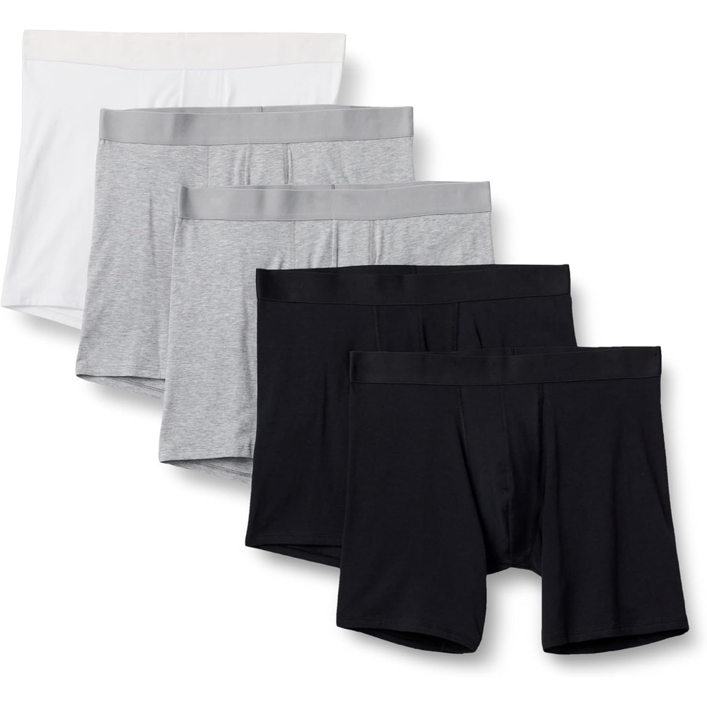 image:imageAmazon Essentials Mens Cotton Jersey Boxer Shorts Underwear Pack of 5Gray Heather Black White