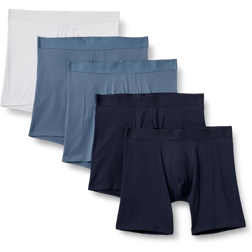 image:imageAmazon Essentials Mens Cotton Jersey Boxer Shorts Underwear Pack of 5Navy Blue Blue White