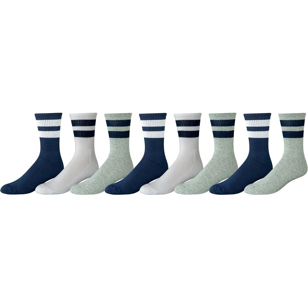 image:imageAmazon Essentials Mens Cushioned Retro Stripe Crew Socks 8 PairsGreyNavyWhite