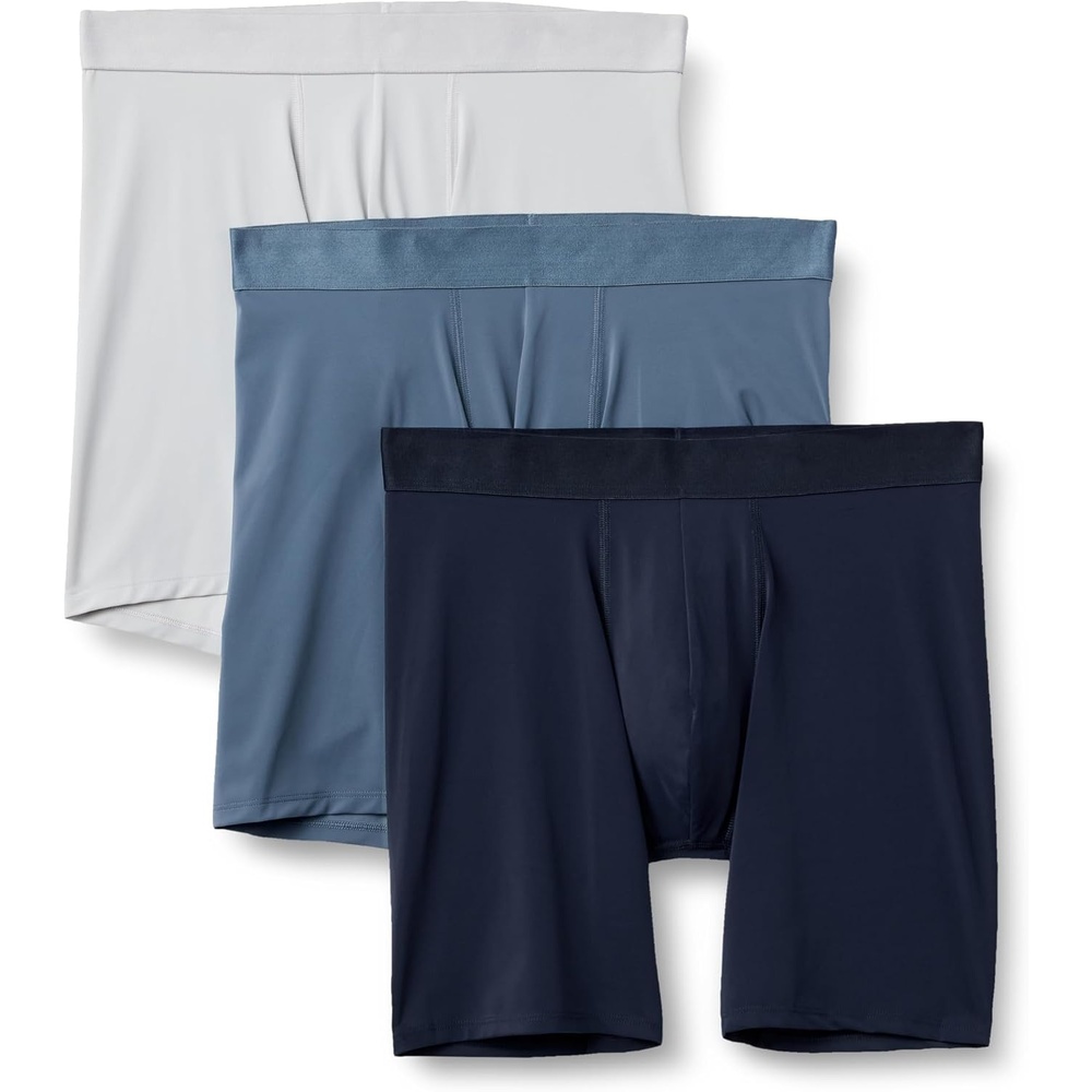 image:imageAmazon Essentials Mens Microfiber Boxer Shorts Underwear Pack of 3Navy Blue Blue Light Gray
