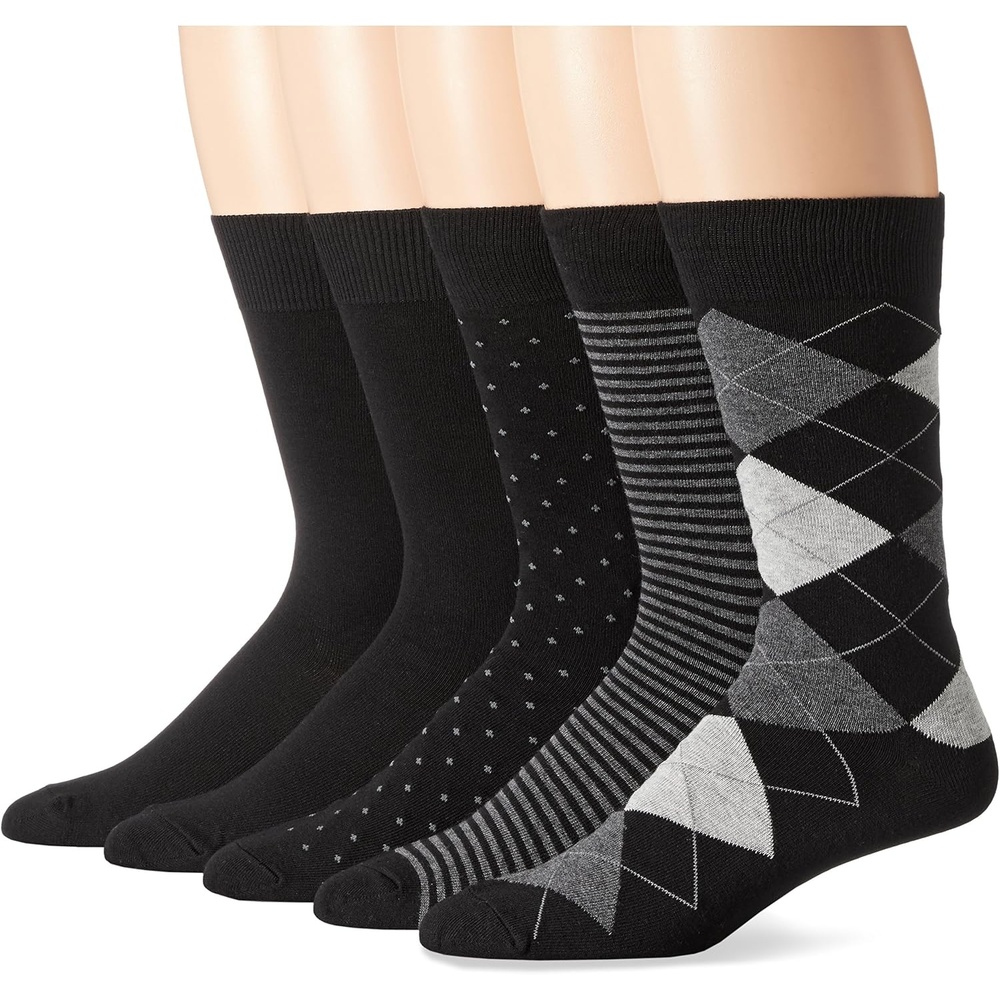 image:imageAmazon Essentials Mens Patterned Cotton Dress Crew Socks 5 PairsAssorted Black