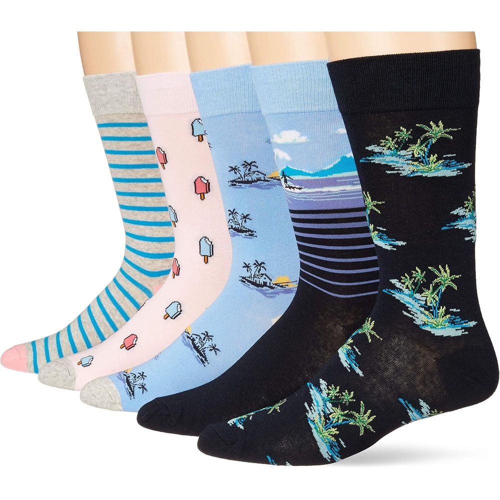 image:imageAmazon Essentials Mens Patterned Cotton Dress Crew Socks 5 PairsBeachPopsicleStripeVacation