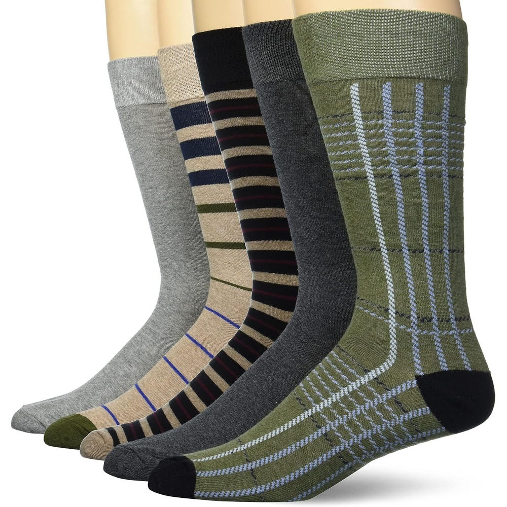 image:imageAmazon Essentials Mens Patterned Cotton Dress Crew Socks 5 PairsBlackBrownDark GreyGreenGrey