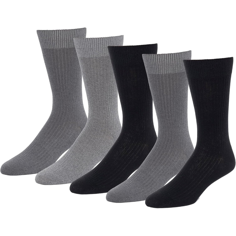 image:imageAmazon Essentials Mens Patterned Cotton Dress Crew Socks 5 PairsBlackGreyMulti