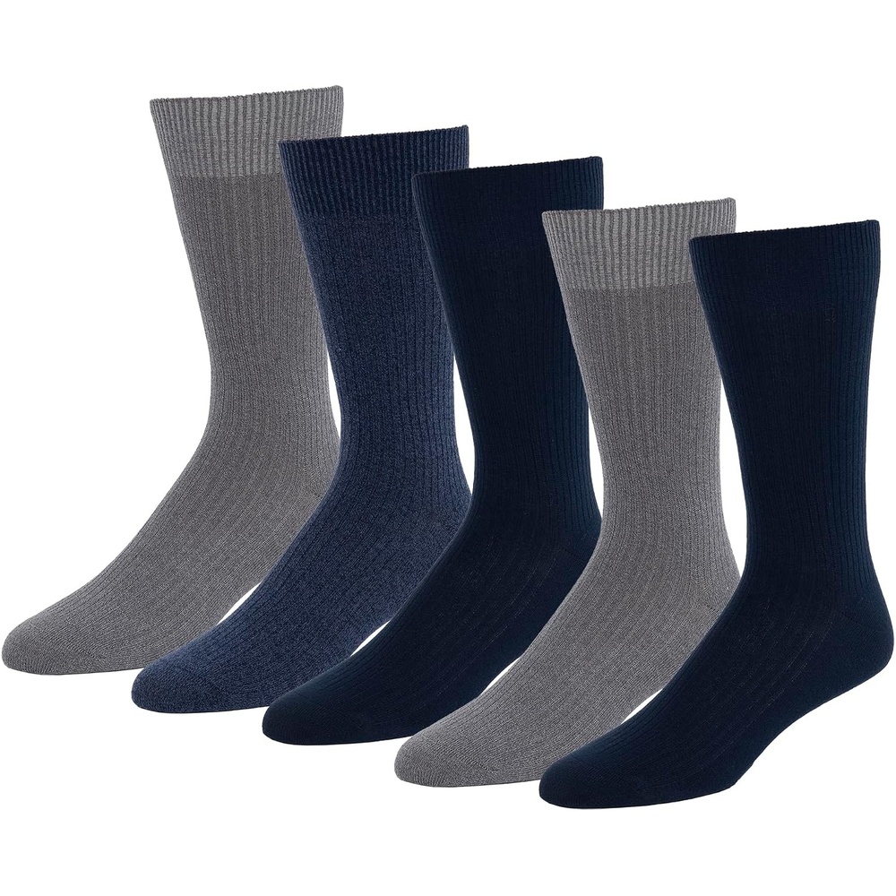 image:imageAmazon Essentials Mens Patterned Cotton Dress Crew Socks 5 PairsNavyMulti