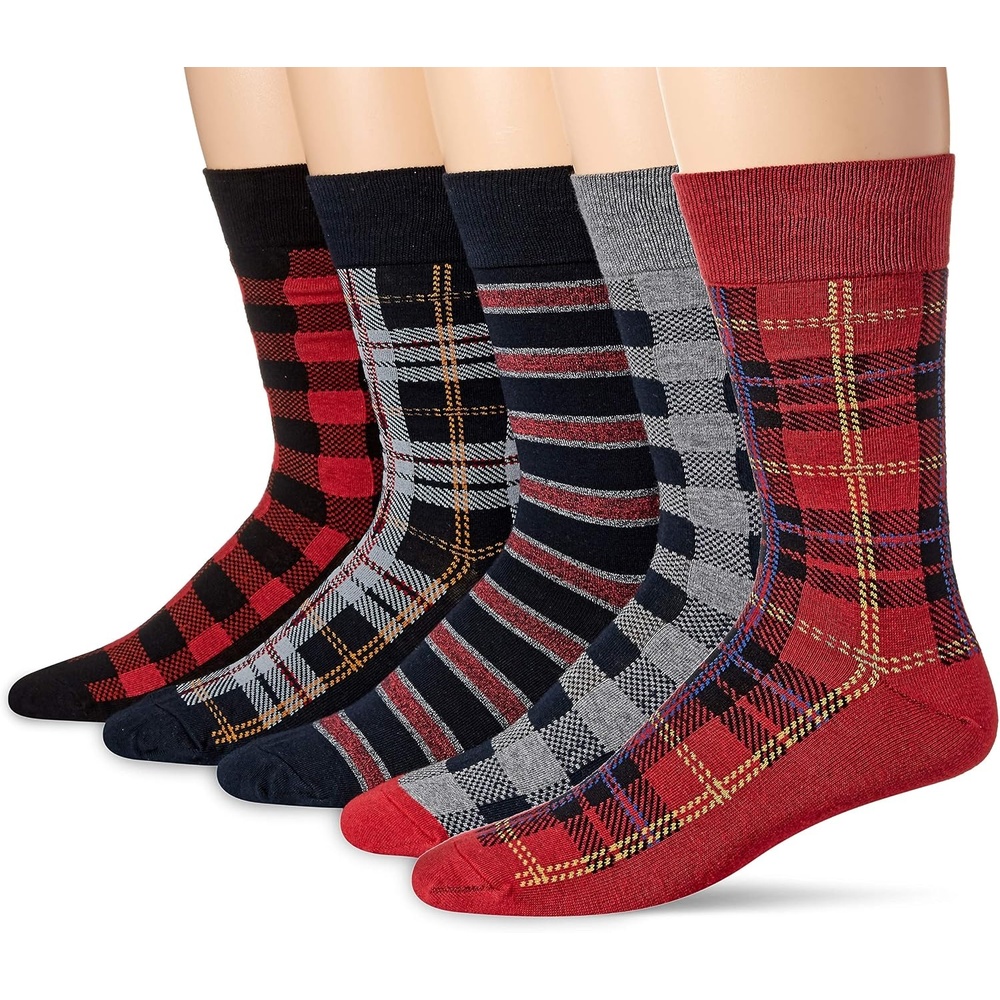 image:imageAmazon Essentials Mens Patterned Cotton Dress Crew Socks 5 PairsPlaidStripe