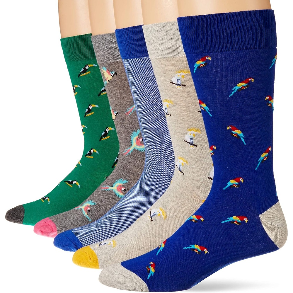 image:imageAmazon Essentials Mens Patterned Cotton Dress Crew Socks 5 PairsTropicalBirds