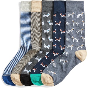 Amazon Essentials Men’s Patterned Cotton Dress Crew Socks, 5 Pairs(Assorted Dogs)