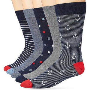 Amazon Essentials Men’s Patterned Cotton Dress Crew Socks, 5 Pairs(Blue/Red/Grey)