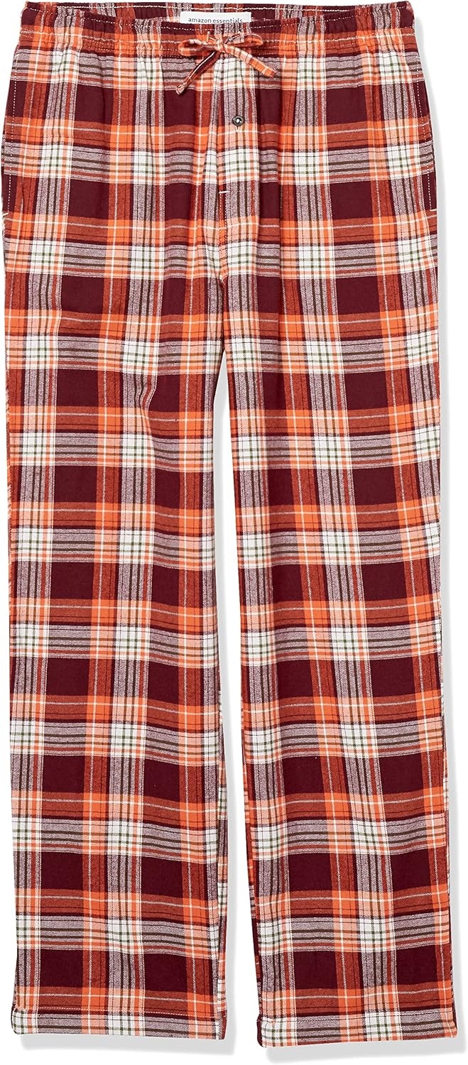 image:imageAmazon Essentials Mens 100 Cotton Flannel Sleep Pant Relaxed Fit Lounge Pants with Elastic Waist and DrawstringBurgundy Orange White Plaid