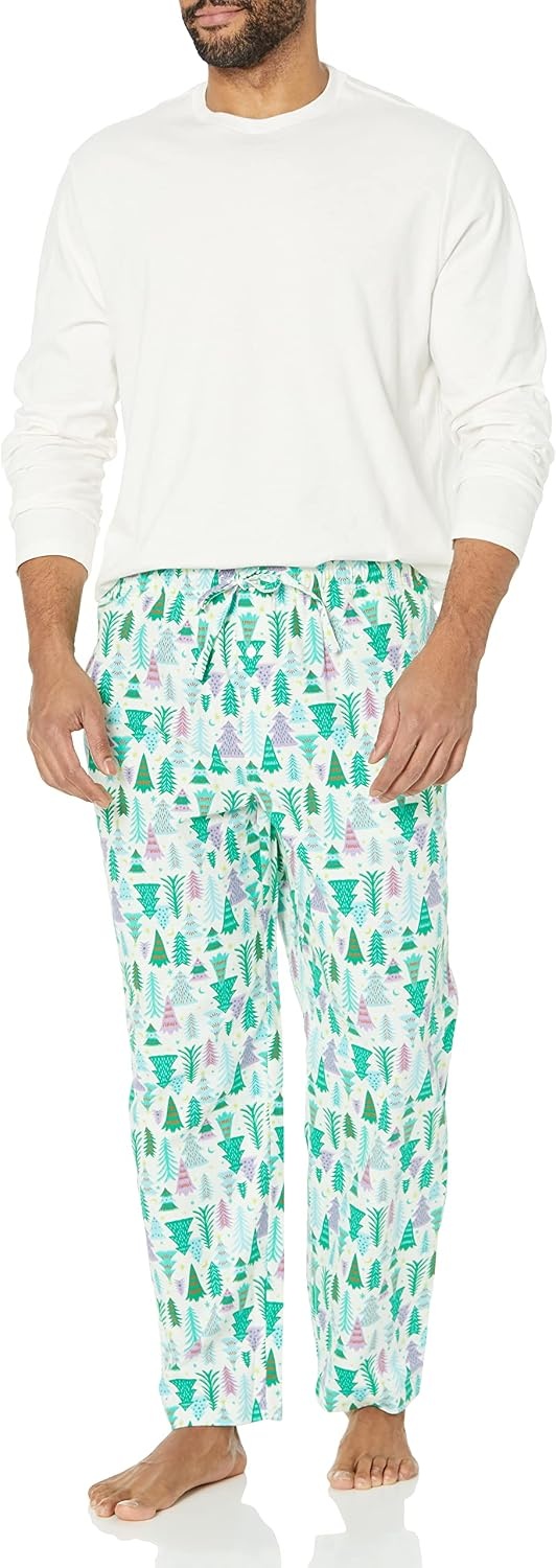 image:imageAmazon Essentials Mens 100 Cotton Flannel Sleep Pant Relaxed Fit Lounge Pants with Elastic Waist and DrawstringEcru Festive Tree