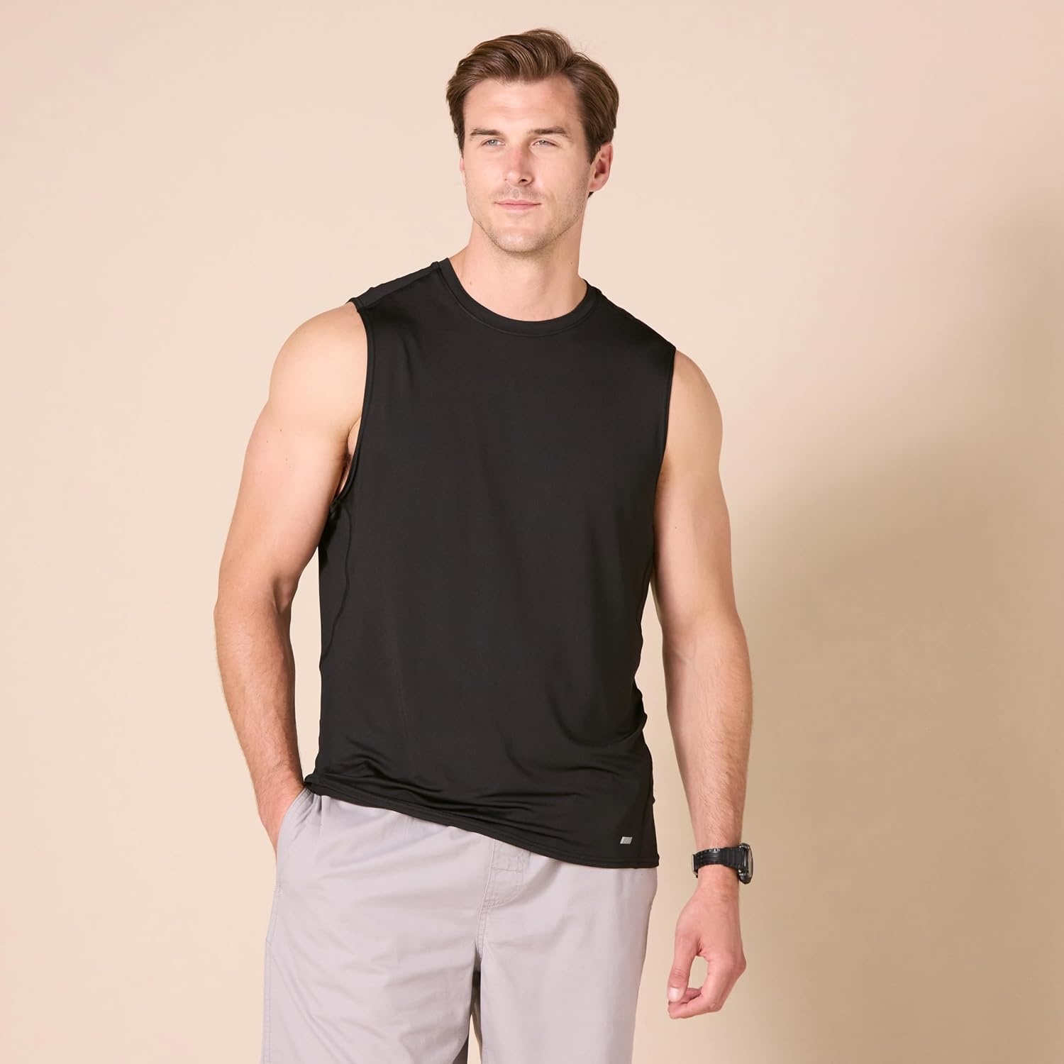 image:imageAmazon Essentials Mens Active Quick Dry MoistureWicking Tech Stretch Lightweight Sleeveless Muscle ShirtBlack Original