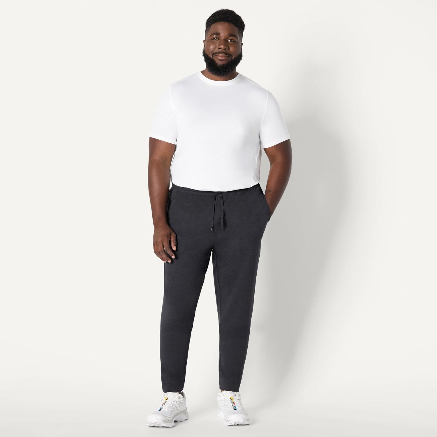 image:imageAmazon Essentials Mens Athletic Soft Performance Lightweight Gym Workout Tapered Track Jogger SweatpantsSpace Dye Black