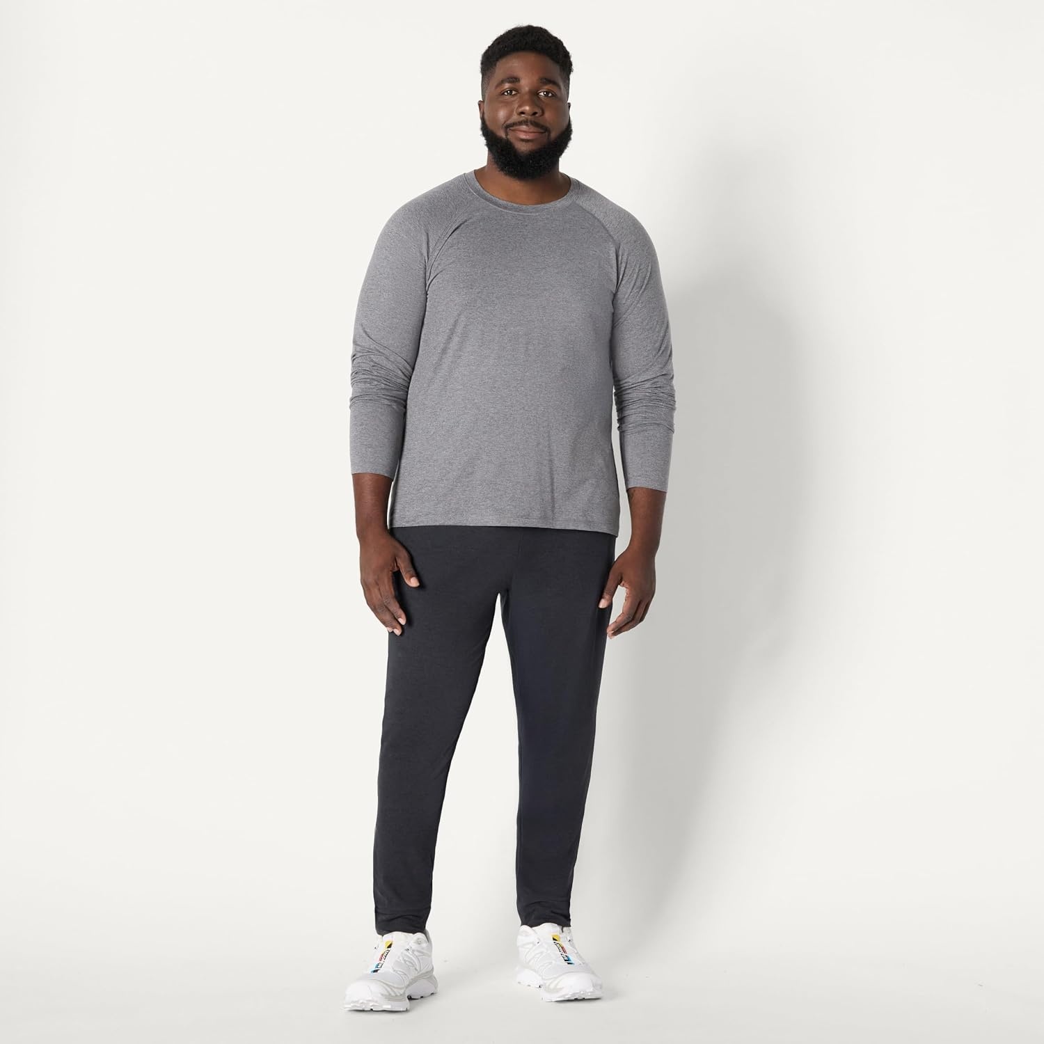 image:imageAmazon Essentials Mens Athletic Soft Performance Lightweight Long Sleeve Gym Workout Shirt Moisture Wicking 4Way StretchSpace Dye Grey