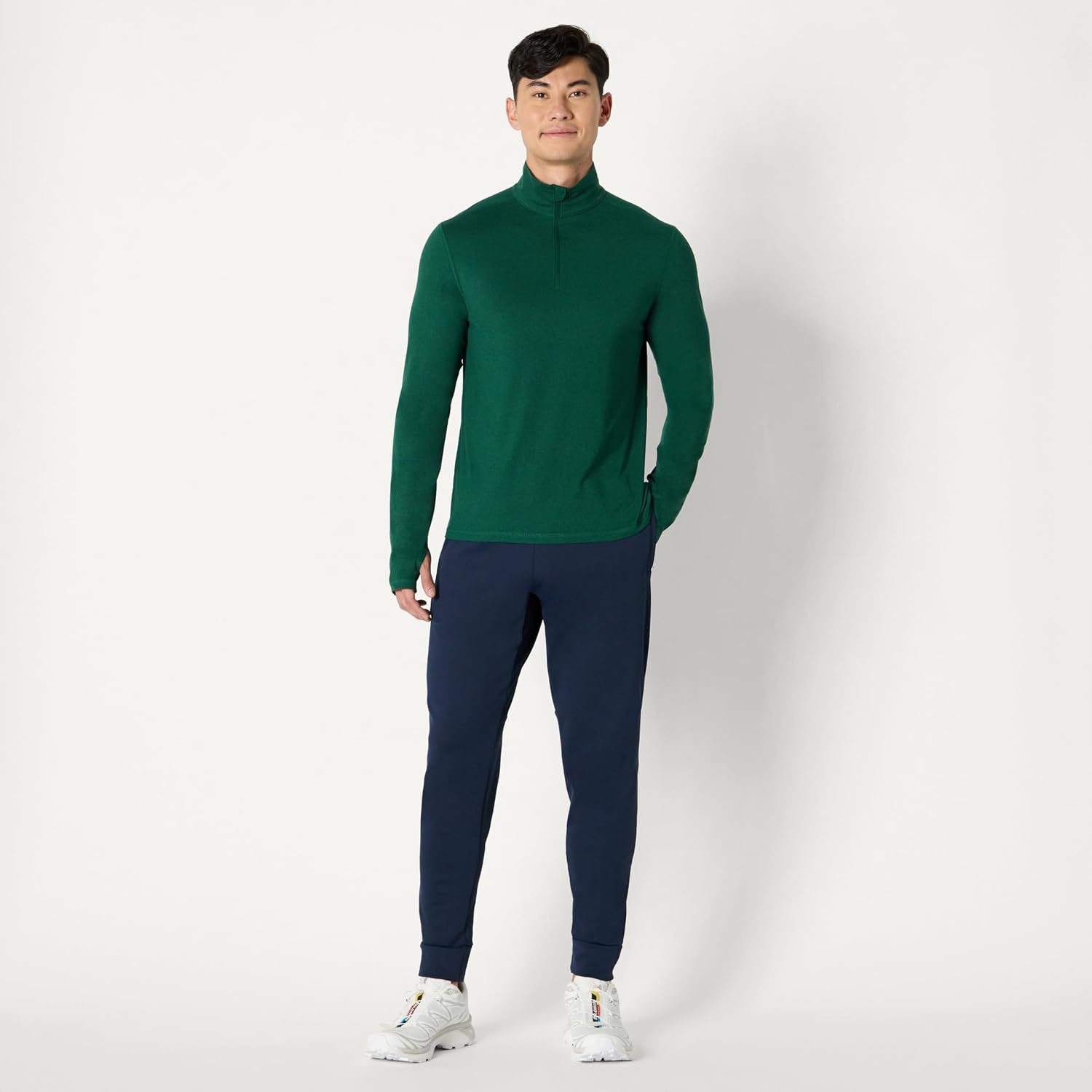 image:imageAmazon Essentials Mens Athletic Soft Performance Lightweight QuarterZip Running Long Sleeve Workout TopSpace Dye Green
