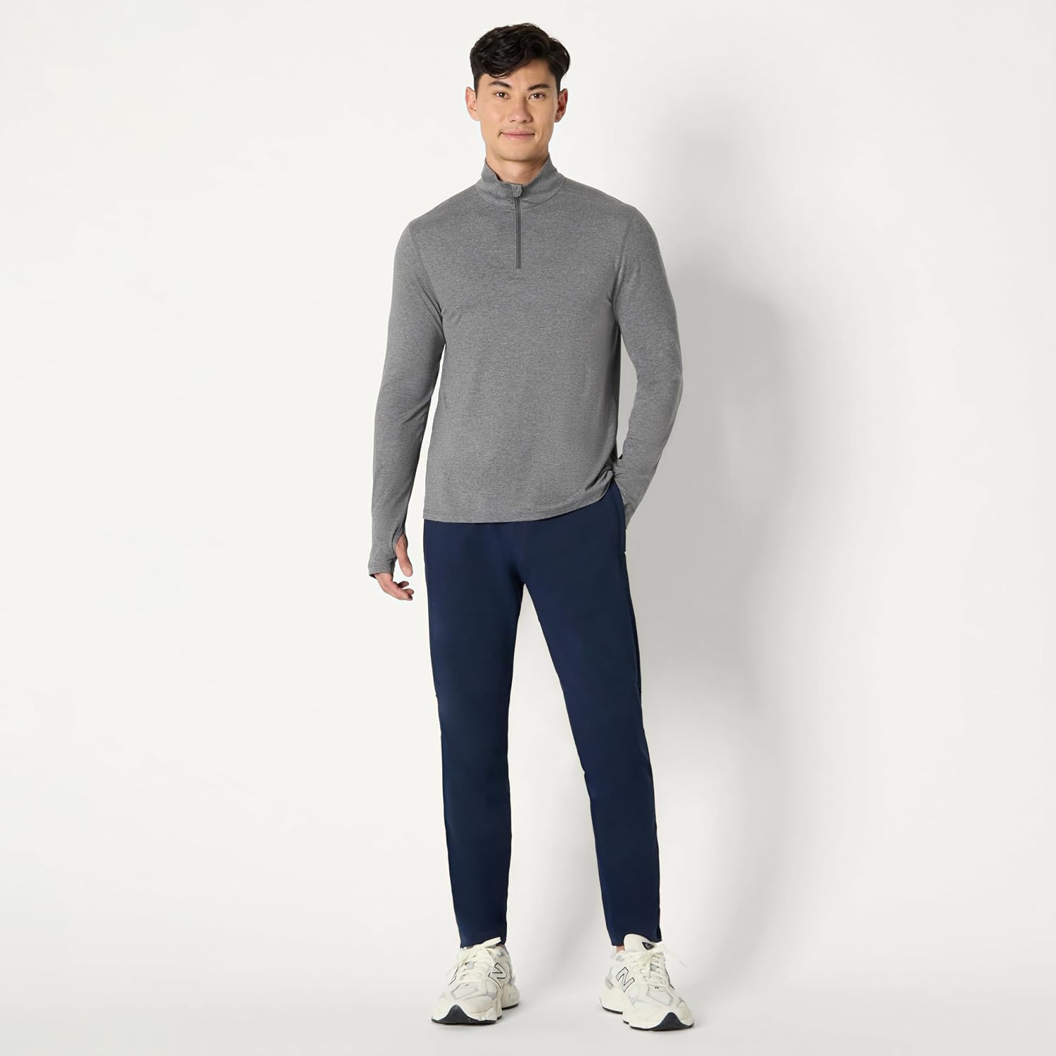 image:imageAmazon Essentials Mens Athletic Soft Performance Lightweight QuarterZip Running Long Sleeve Workout TopSpace Dye Grey