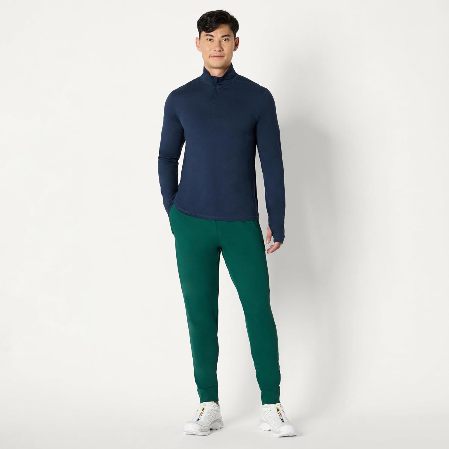 image:imageAmazon Essentials Mens Athletic Soft Performance Lightweight QuarterZip Running Long Sleeve Workout TopSpace Dye Navy