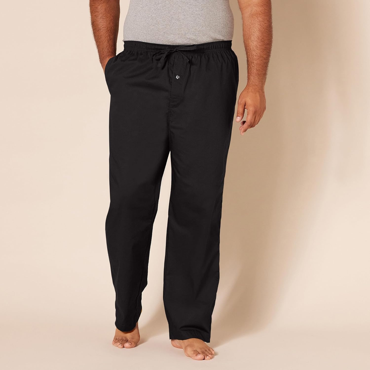 image:imageAmazon Essentials Mens Cotton Poplin StraightFit Pajama Pants with Pockets Elastic Waist DrawstringBlack