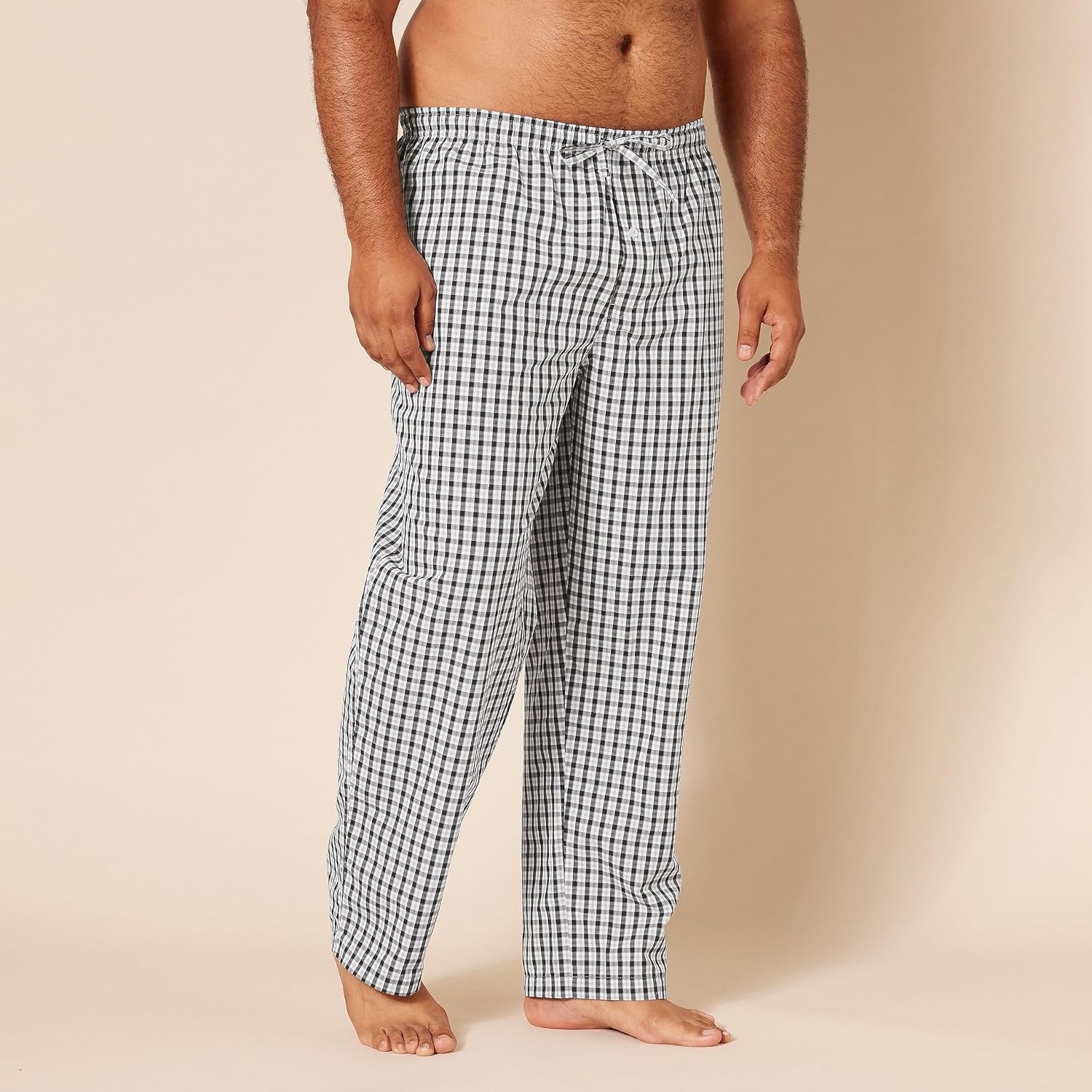 image:imageAmazon Essentials Mens Cotton Poplin StraightFit Pajama Pants with Pockets Elastic Waist DrawstringBlack Grey Plaid