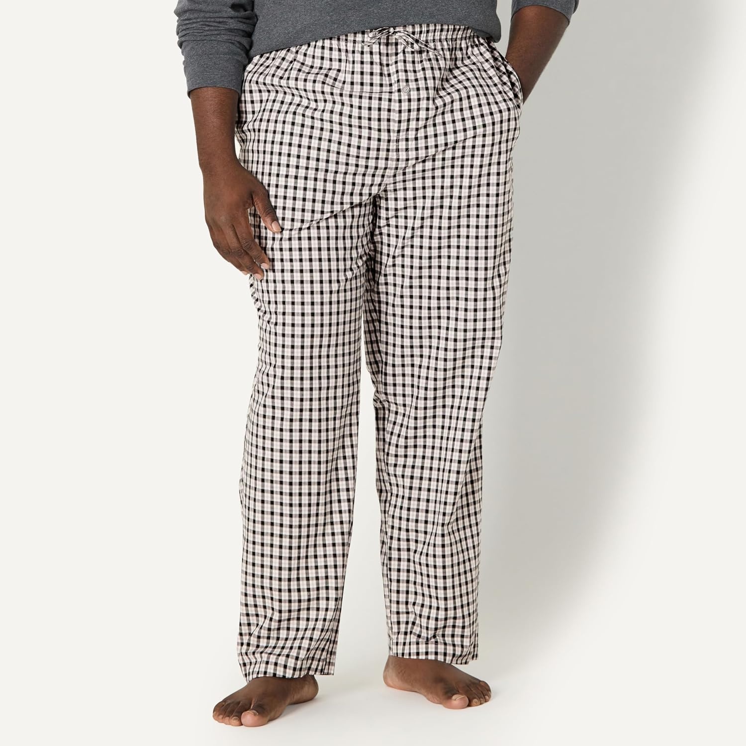 image:imageAmazon Essentials Mens Cotton Poplin StraightFit Pajama Pants with Pockets Elastic Waist DrawstringBlack Grey Plaid