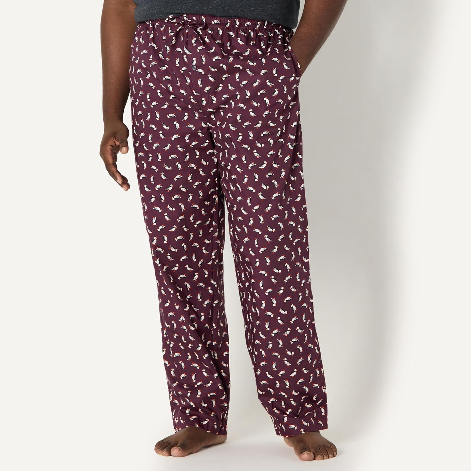 image:imageAmazon Essentials Mens Cotton Poplin StraightFit Pajama Pants with Pockets Elastic Waist DrawstringBurgundy Puffin