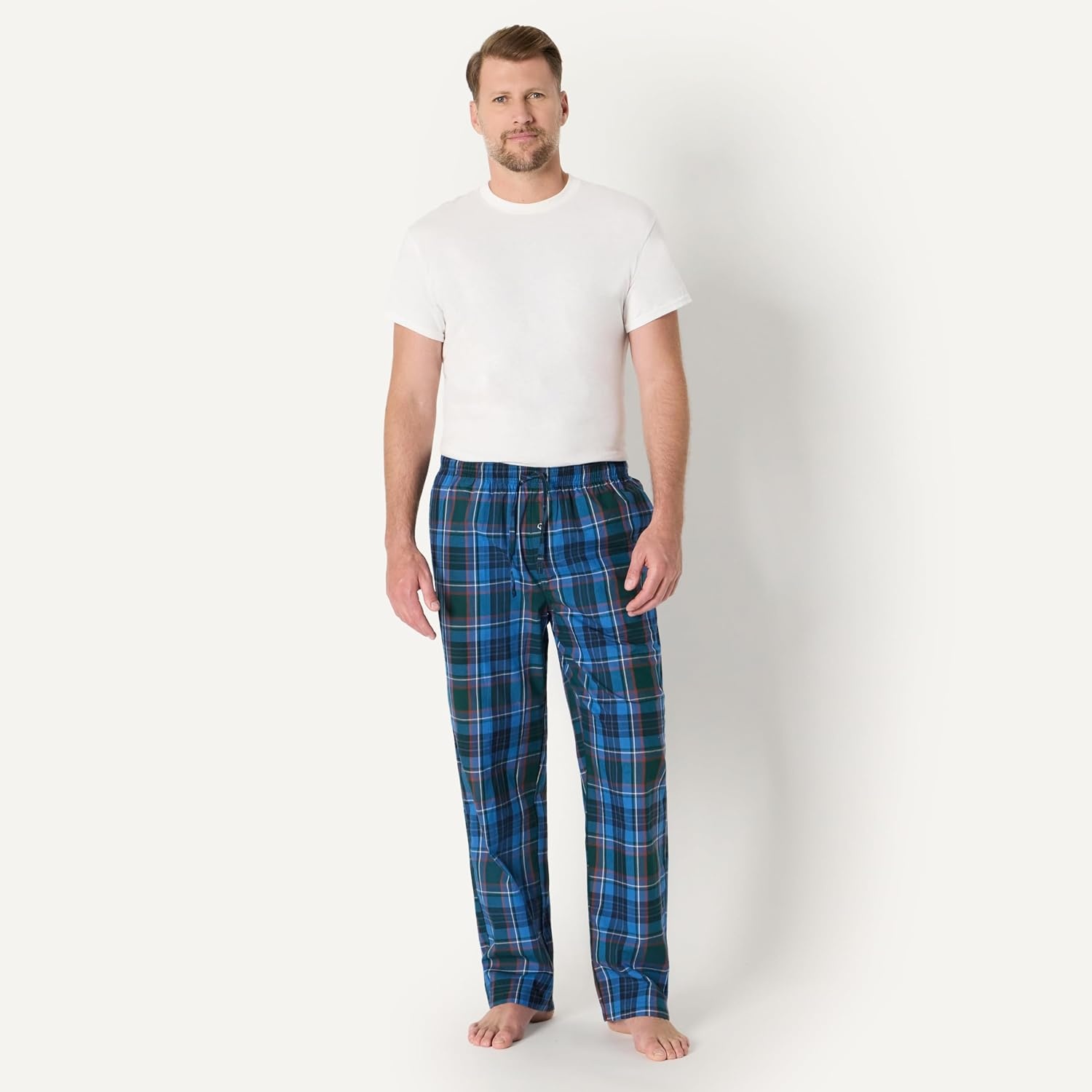 image:imageAmazon Essentials Mens Cotton Poplin StraightFit Pajama Pants with Pockets Elastic Waist DrawstringGreen Large Scale Plaid