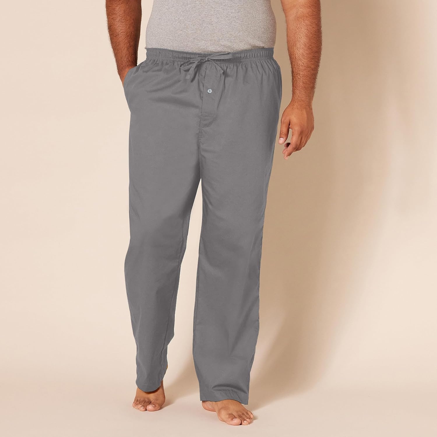 image:imageAmazon Essentials Mens Cotton Poplin StraightFit Pajama Pants with Pockets Elastic Waist DrawstringGrey