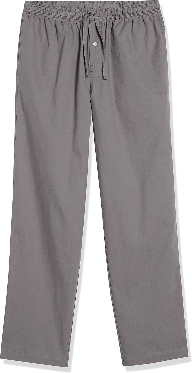 image:imageAmazon Essentials Mens Cotton Poplin StraightFit Pajama Pants with Pockets Elastic Waist DrawstringGrey