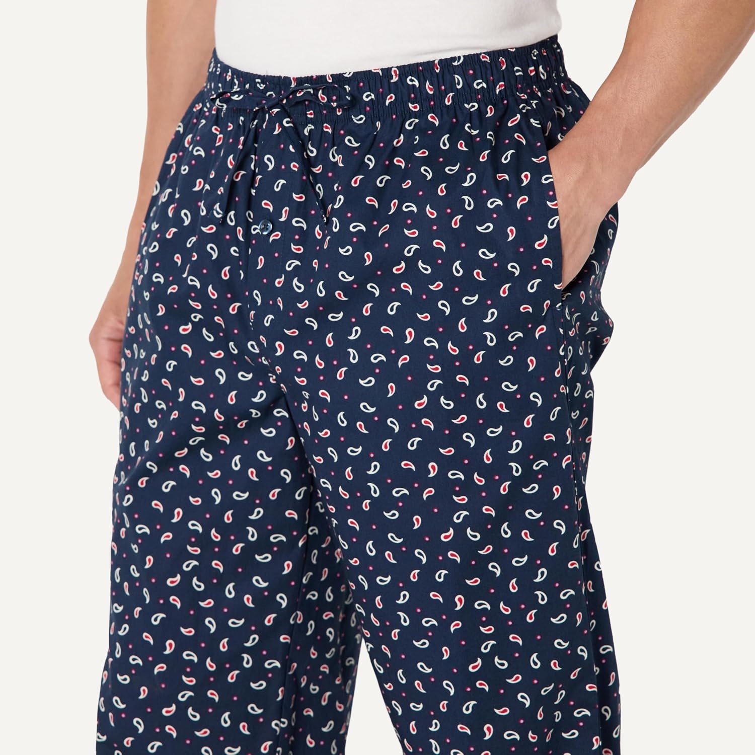 image:imageAmazon Essentials Mens Cotton Poplin StraightFit Pajama Pants with Pockets Elastic Waist DrawstringNavy Paisley