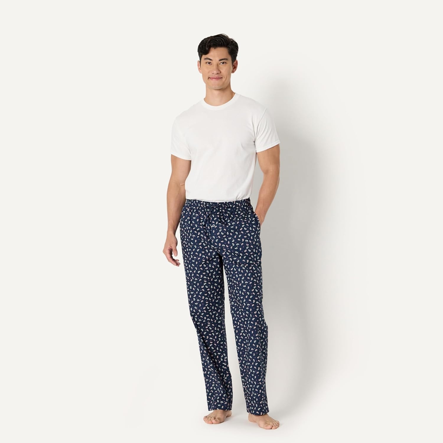 image:imageAmazon Essentials Mens Cotton Poplin StraightFit Pajama Pants with Pockets Elastic Waist DrawstringNavy Paisley