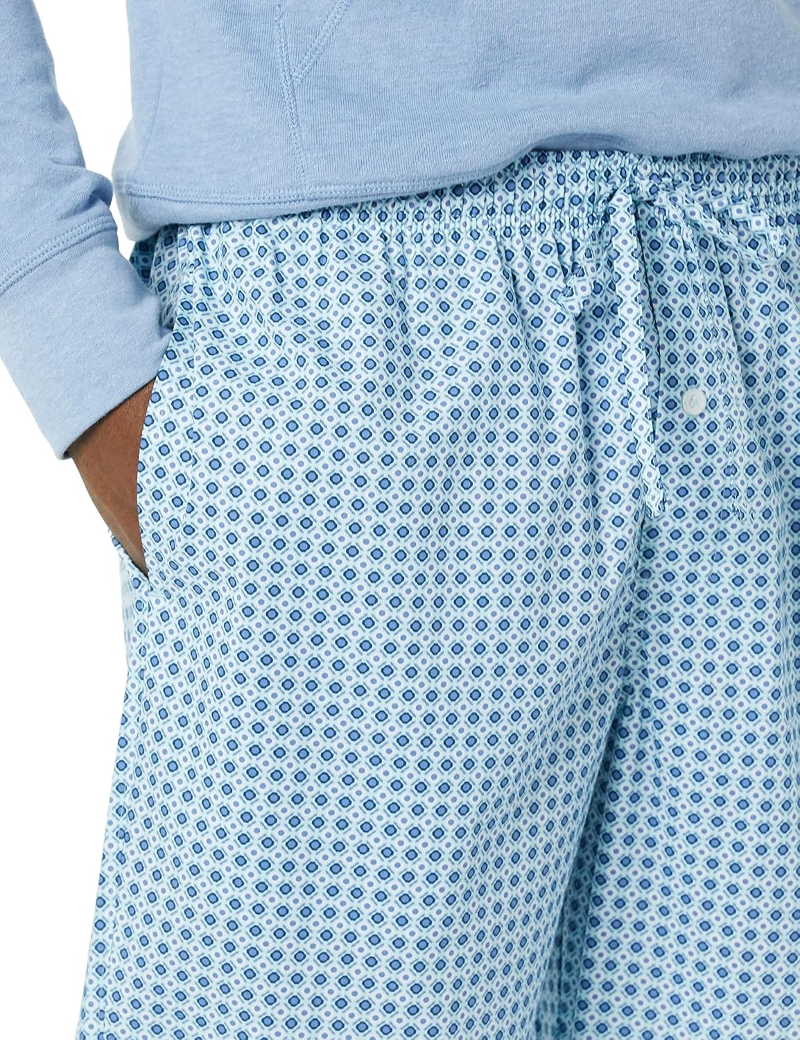 image:imageAmazon Essentials Mens Cotton Stretch Poplin FullLength Pajama BottomsBlue Geo PrintIndigo