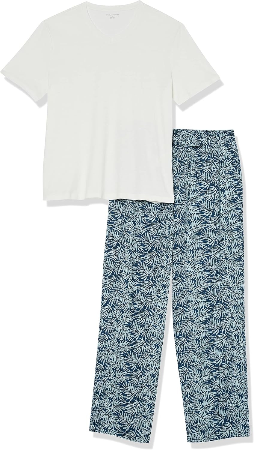 image:imageAmazon Essentials Mens Cotton Stretch Poplin Pant with Cotton Jersey TShirt Pajama SetBlue Palm LeafWhite
