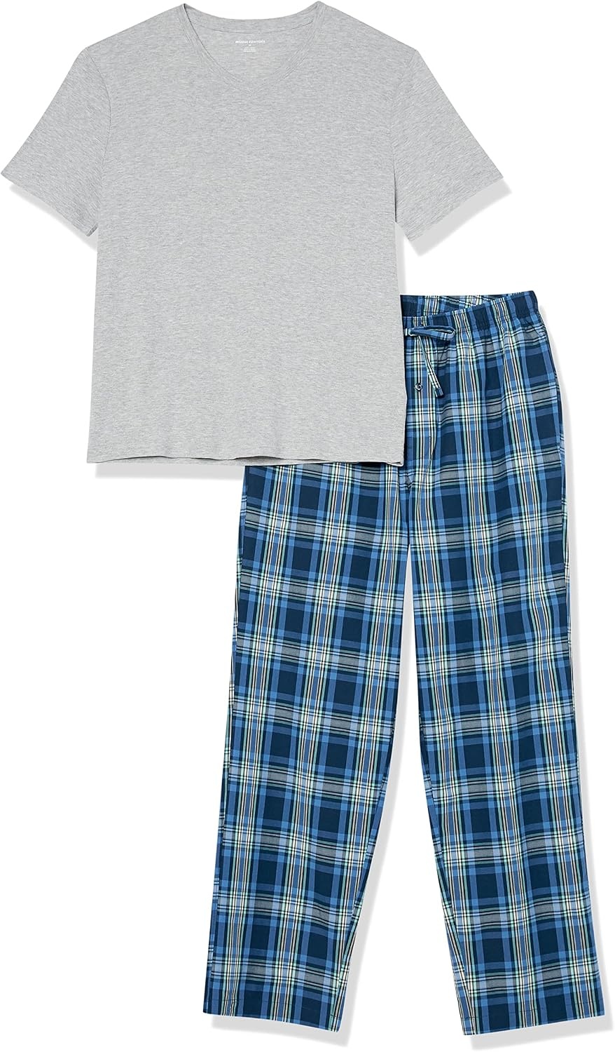 image:imageAmazon Essentials Mens Cotton Stretch Poplin Pant with Cotton Jersey TShirt Pajama SetGrey HeatherNavy Plaid