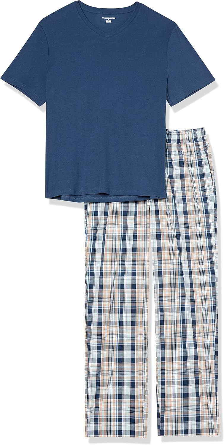 image:imageAmazon Essentials Mens Cotton Stretch Poplin Pant with Cotton Jersey TShirt Pajama SetIndigoNavy Plaid