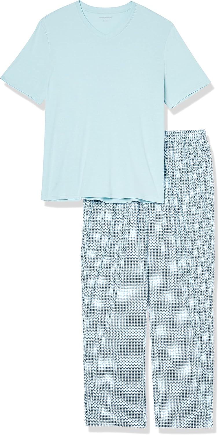 image:imageAmazon Essentials Mens Cotton Stretch Poplin Pant with Cotton Jersey TShirt Pajama SetLight Blue Geo Print