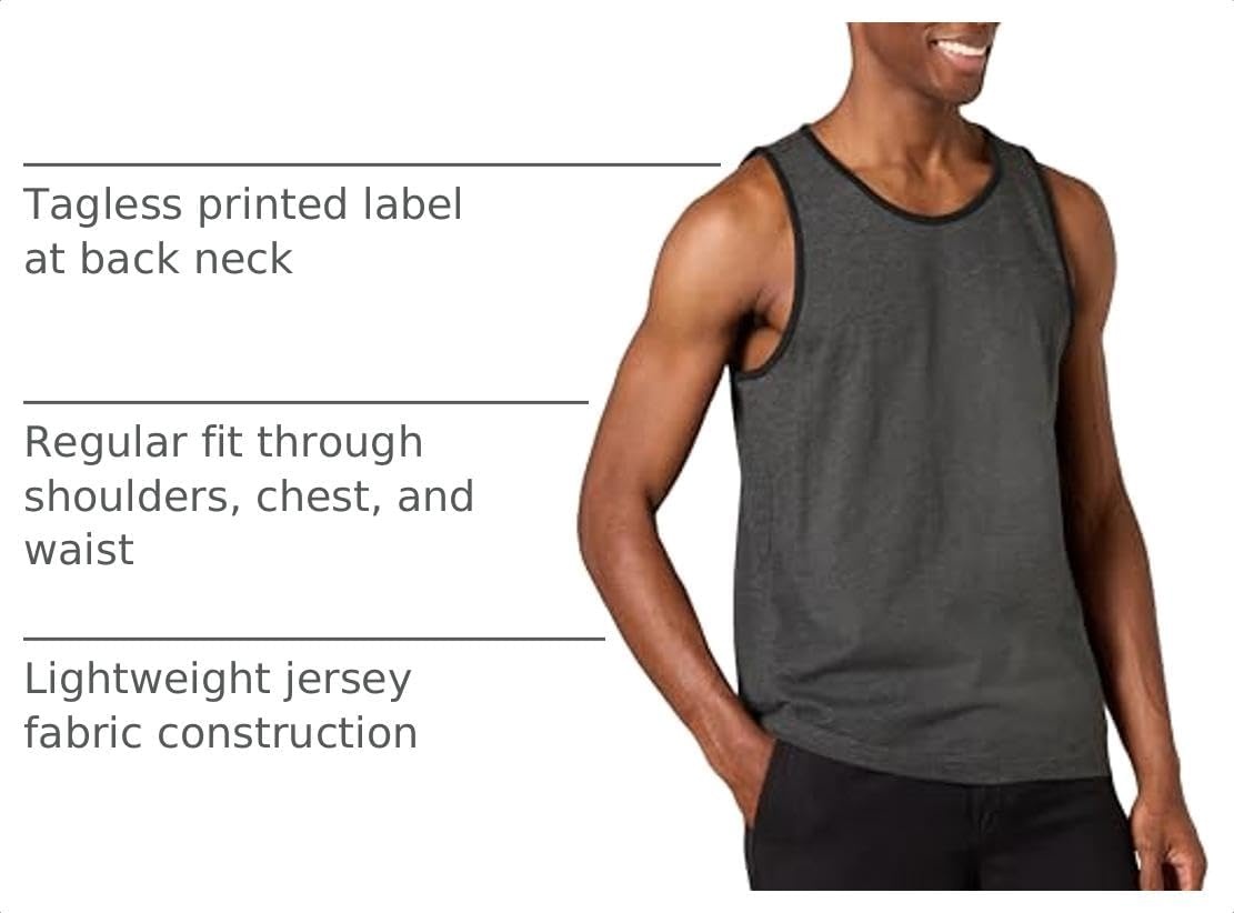 image:imageAmazon Essentials Mens RegularFit Sleeveless Tank TopsBlack Charcoal Heather