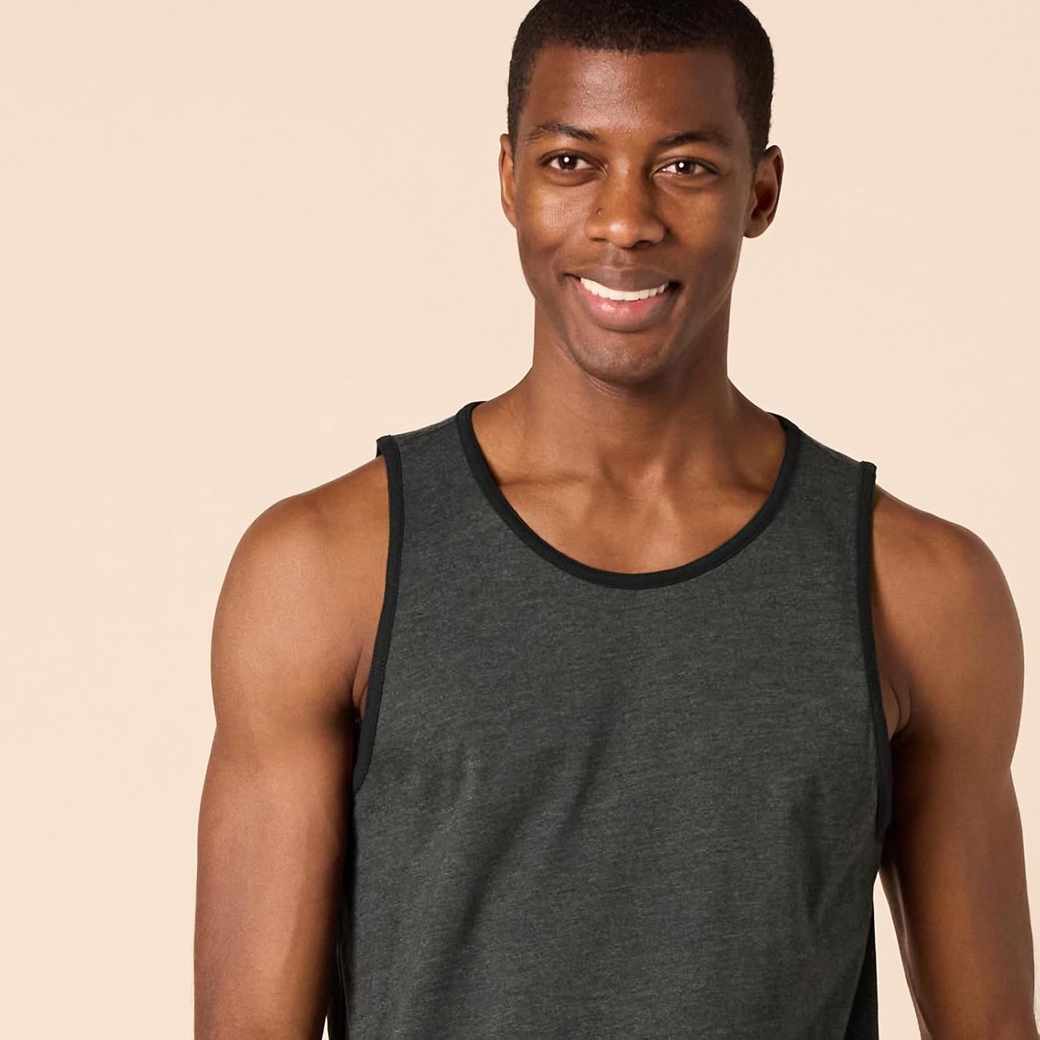 image:imageAmazon Essentials Mens RegularFit Sleeveless Tank TopsBlack Charcoal Heather