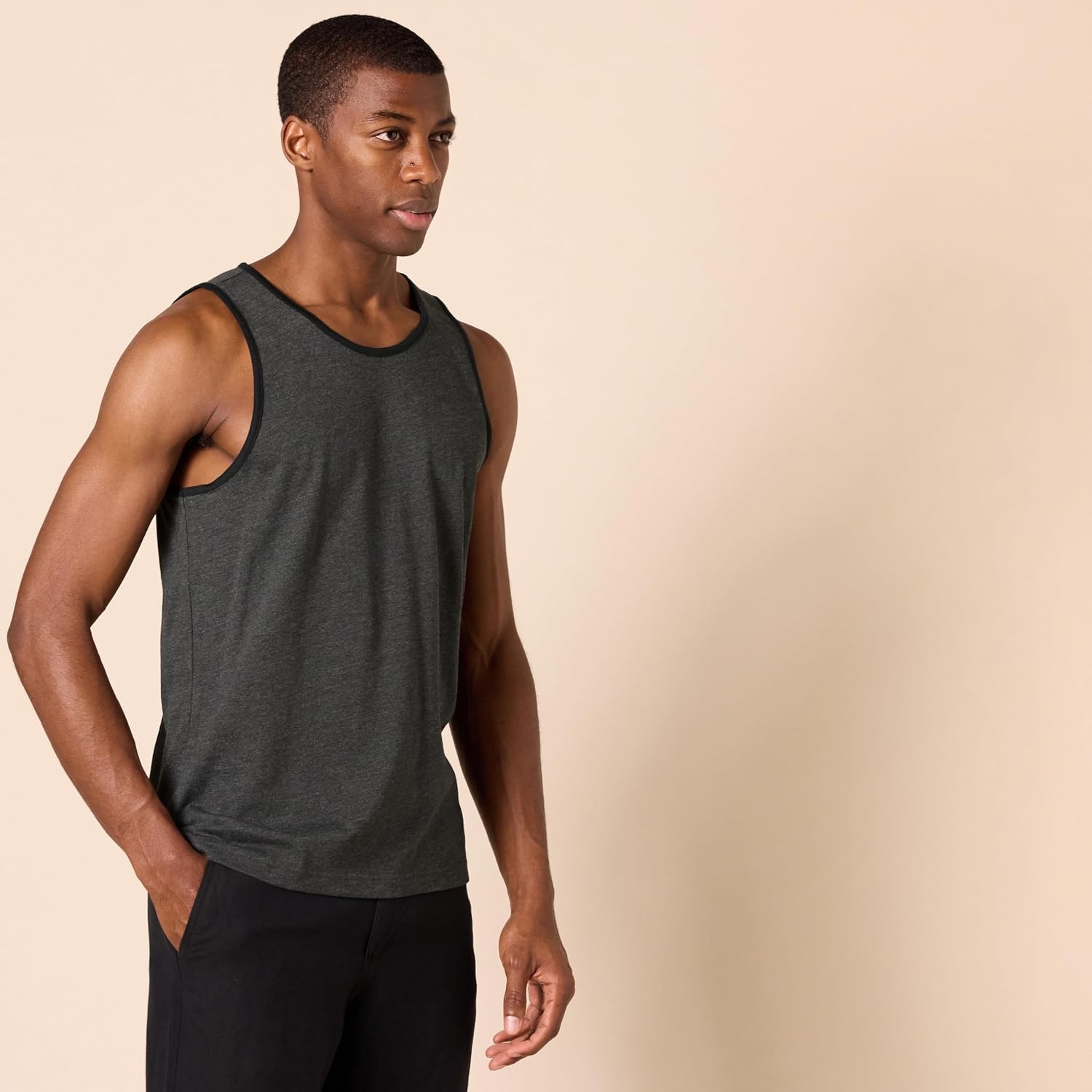 image:imageAmazon Essentials Mens RegularFit Sleeveless Tank TopsBlack Charcoal Heather