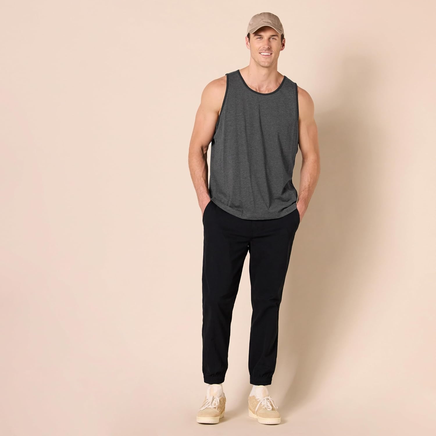 image:imageAmazon Essentials Mens RegularFit Sleeveless Tank TopsBlack Charcoal Heather