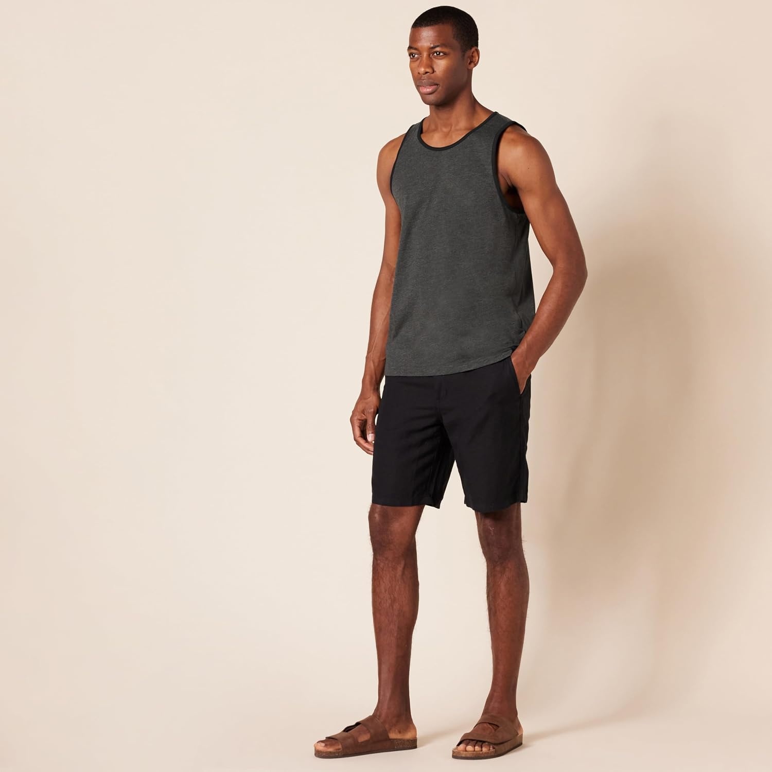 image:imageAmazon Essentials Mens RegularFit Sleeveless Tank TopsBlack Charcoal Heather